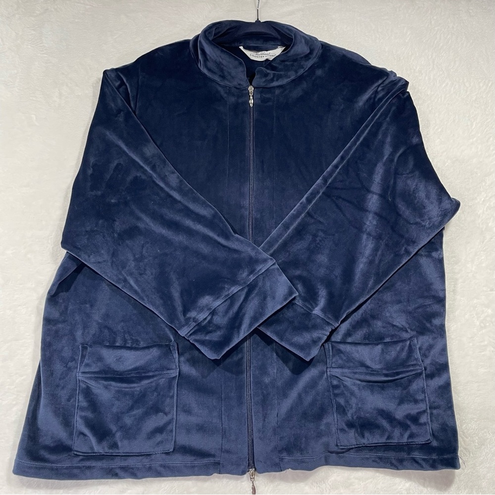 Vermont Country Store Blue Velour Zip Up Casual Comfortable Oversized Plus Size